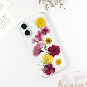 Pressed dried pink white yellow flower phone case for iPhone 17 16 15 14 13 pro max 16e,Google Pixel 9 10 pro,Samsung S24 S25 Ultra Edge