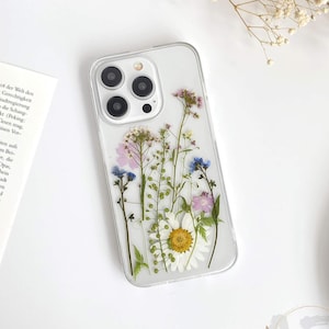 Pressed dried Pink blue white flower phone case for iPhone 17 16 15 14 pro max 16e,Google Pixel 9 10 pro,Samsung S24 S25 Ultra Edge,Z Flip 7