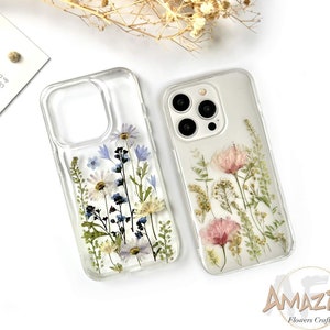 Coque en résine véritable avec fleurs pressées pour iPhone 15 14 13 12 11 pro max, coque Google Pixel 7 8 pro, coque Samsung Galaxy S22 S23 S24 Ultra image 1