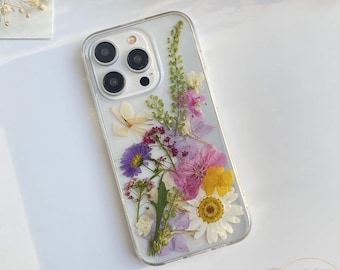 Coque de portable fleurs séchées colorées pour iPhone 15 14 13 12 pro max X XR SE, coque Google Pixel 7 8 pro, coque Samsung Galaxy S23 S24 Ultra