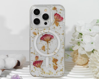 Real pressed red flower custom name phone case with magnetic ring for iPhone 17 16 15 14 13 Pro Max,Samsung S23 S24 25,Google Pixel 9 10 Pro