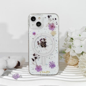 Personalisierte Name echte lila Blume Handyhülle mit Magnetring für iPhone 16 15 14 13 Pro Max, Samsung S23 S24 25 Ultra, Google Pixel 8 9 Pro