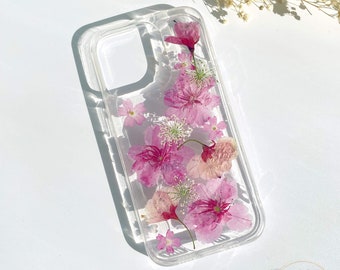 Pressed dried Pink Sakura flower phone case for iPhone 15 14 13 12 pro max case, Google Pixel 7 8 pro case, Samsung Galaxy S23 S24 case