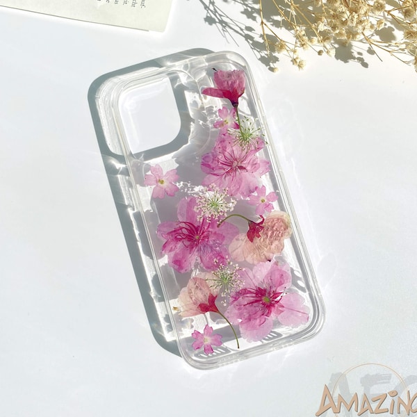 Étui pour iPhone 15 14 13 12 pro max, fleurs de sakura roses séchées pressées, étui Google Pixel 7 8 pro, étui Samsung Galaxy S23 S24