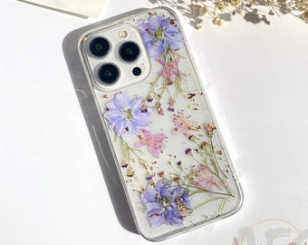 Coque pour iPhone 15 14 13 12 pro max en feuille d'or rose pressée avec fleurs violettes, coque Google Pixel 7 8 pro, coque Samsung Galaxy S23 S24