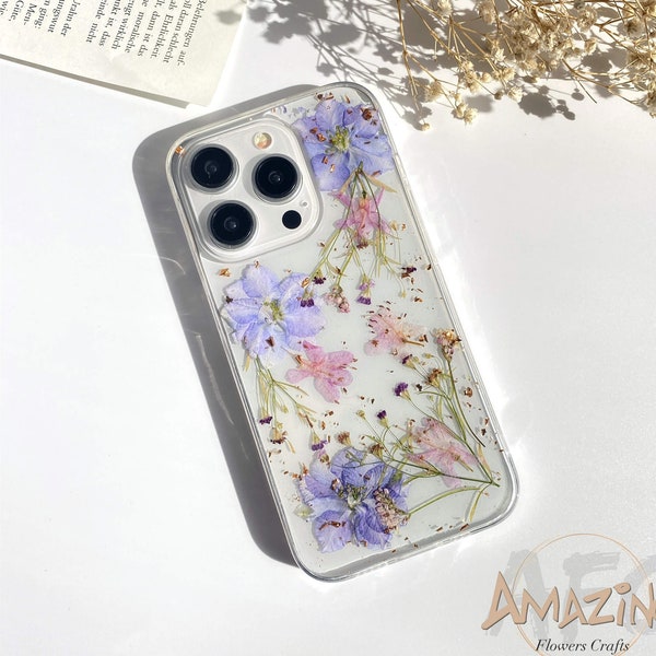 Rose gold foil pressed purple flower phone case for iPhone 15 14 13 12 pro max case, Google Pixel 7 8 pro case, Samsung Galaxy S23 S24 case
