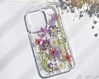 Getrocknete gepresste lila Alyssum Blume Handyhülle für iPhone 15 14 13 12 pro max Hülle, Google Pixel 7 8 pro Hülle, Samsung Galaxy S23 S24 Hülle