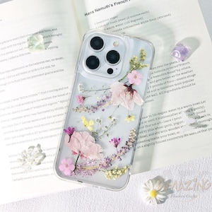 Pressed dried light pink flower phone case for iPhone 17 16 15 14 13 pro max 16e,Google Pixel 9 10 pro,Samsung S24 S25 Ultra Edge,Z Flip 7
