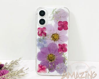 Pressed flower craft big purple flower phone case for iPhone 17 16 15 14 pro max 17e 16e,Google Pixel 9 10 11 pro,Samsung S26 S25 S24 Ultra