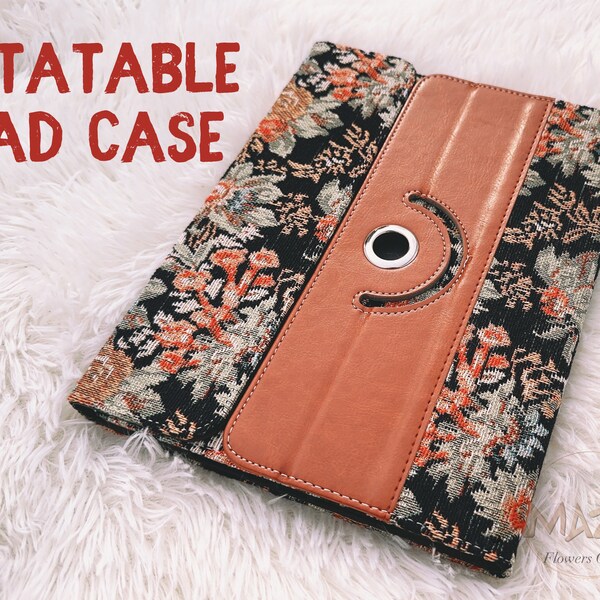 Retro Chrysanthemum Fabric 360 Rotating Four Folds with Pencil Holder, iPad 10th Gen,Air 5,iPad Pro 2nd 3rd 4th 11-In,Pro 4 5 6th 12.9-In