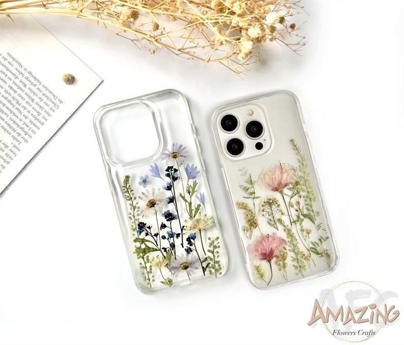 Coque en résine véritable avec fleurs pressées pour iPhone 15 14 13 12 11 pro max, coque Google Pixel 7 8 pro, coque Samsung Galaxy S22 S23 S24 Ultra image 1