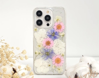 Pink daisy white blue flower resin phone case for iPhone 17 16 15 14 pro max 17e 16e,Google Pixel 10 pro,Samsung S26 S25 S24 Ultra,Z Flip 7