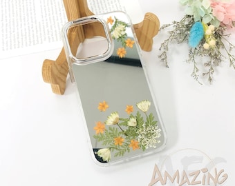 Real dried small yellow flower mirror phone case for iPhone 17 16 15 14 13 12 11 pro max 16e, iPhone 13 12 mini, iPhone x xr xs max