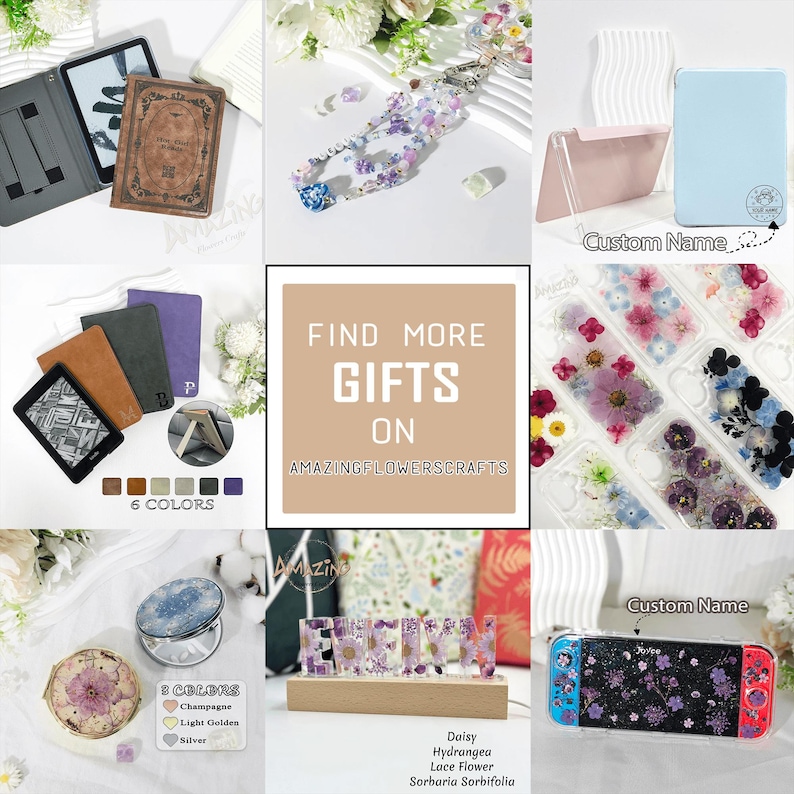 Puede incluir: Un collage de regalos hechos a mano, que incluyen fundas para tel&eacute;fonos con flores prensadas, fundas para Kindle, un llavero, un espejo compacto y una pantalla de nombre floral iluminada. La imagen tambi&eacute;n incluye una funda para Nintendo Switch con un dise&ntilde;o floral. El texto "FIND MORE GIFTS ON AMAZINGFLOWERSCRAFTS" es visible.