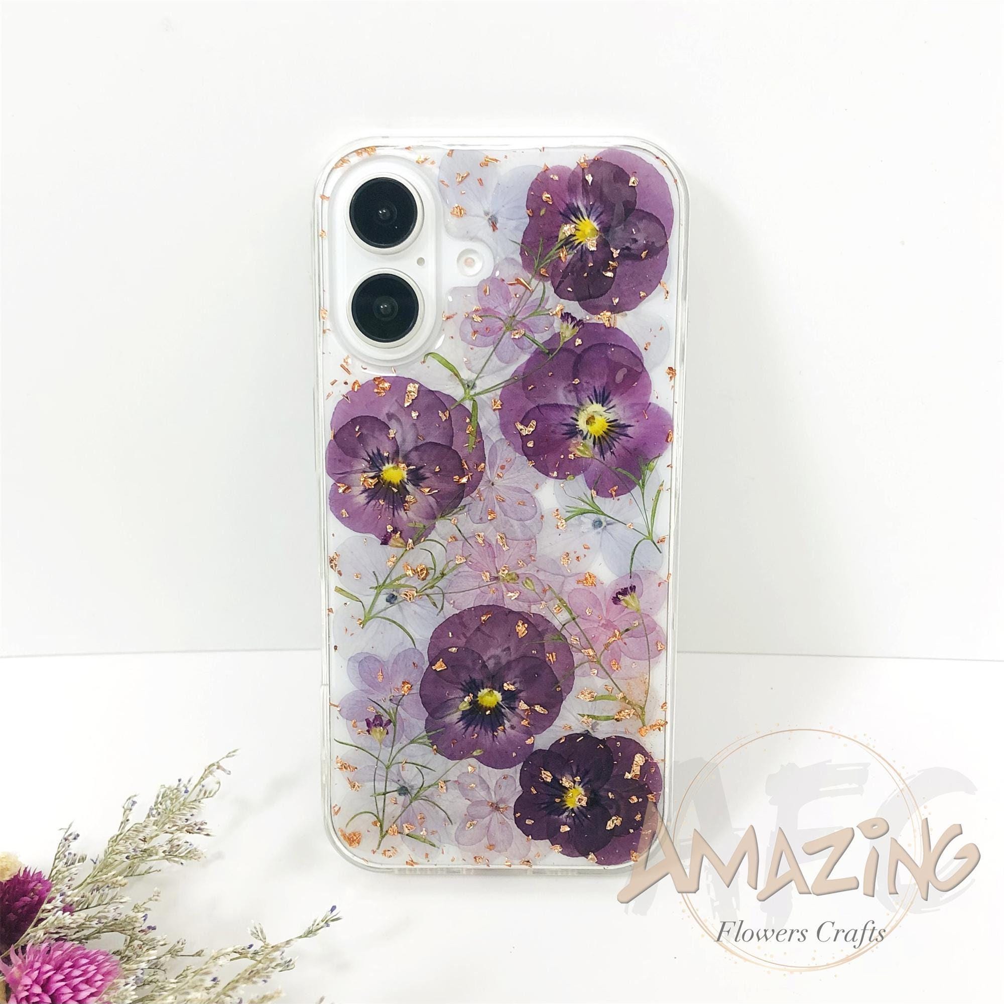 Pressed purple flower phone case with rose gold foil for iPhone 17 16 15 14 13 pro max 16e,Google Pixel 9 10 pro,Samsung S24 S25 Ultra Edge