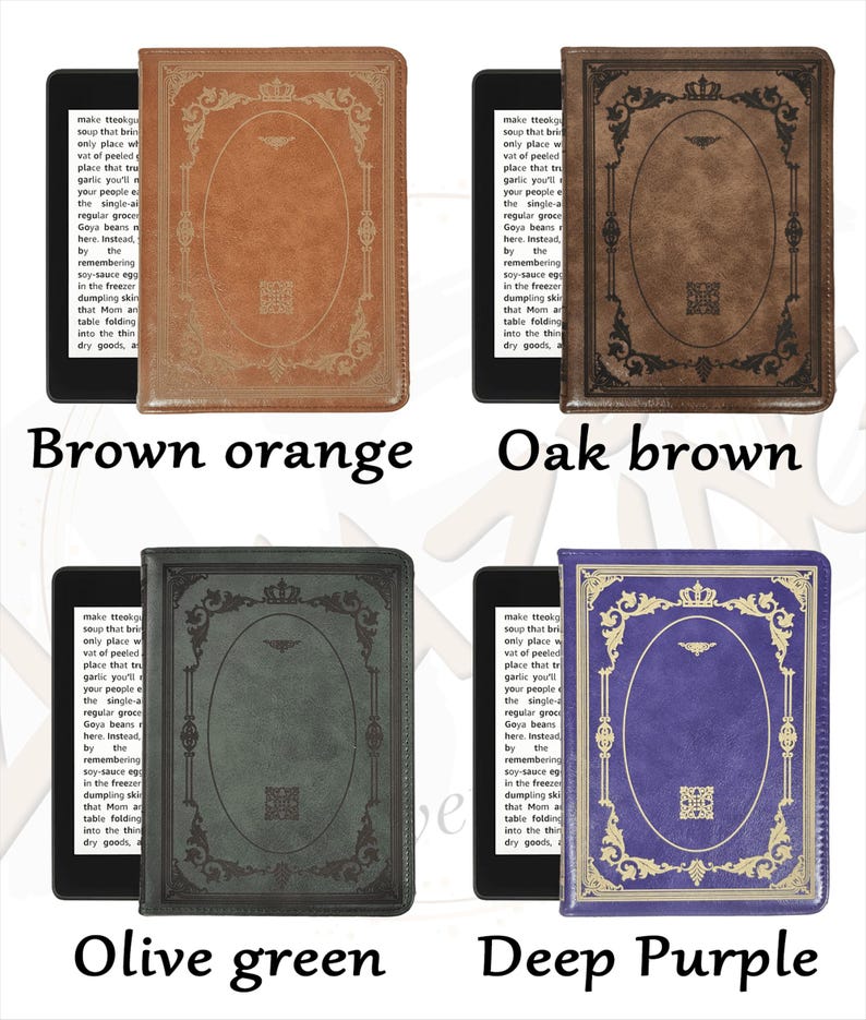 Puede incluir: Cuatro fundas para lectores electr&oacute;nicos en marr&oacute;n anaranjado, marr&oacute;n roble, verde oliva y p&uacute;rpura intenso. Cada funda tiene un marco decorativo y un dise&ntilde;o ovalado central. El texto "Brown orange", "Oak brown", "Olive green" y "Deep Purple" se muestra.