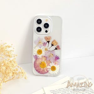 Real pressed pink white flower phone case for iPhone 17 16 15 14 13 pro max 16e,Google Pixel 9 10 pro,Samsung S24 S25 Ultra Edge,Z Flip 7