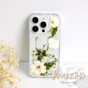 Real pressed dried white flower phone case for iPhone 17 16 15 14 13 pro max 16e,Google Pixel 9 10 pro,Samsung S24 S25 Ultra Edge,Z Flip 7