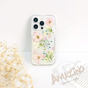Pressed light pink flower phone case for iPhone 17 16 15 14 13 pro max 16e case, Google Pixel 9 10 pro,Samsung S24 S25 Ultra Edge, Z Flip 7