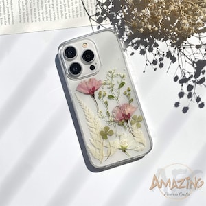 Dried pressed pink white flower phone case for iPhone 17 16 15 14 13 pro max 16e,Google Pixel 9 10 pro,Samsung S24 S25 Ultra Edge,Z Flip 7