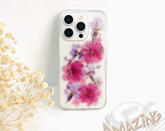 Pink flower sea pressed flower phone case for iPhone 17 16 15 14 pro max 17e 16e,Google Pixel 9 10 pro,Samsung S26 S25 S24 Ultra,Z Flip 7