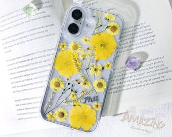 Real dried yellow flower custom name phone case for iPhone 17 16 15 pro max 17e 16e,Google Pixel 10 pro,Samsung S26 S25 S24 Ultra,Z Flip 7