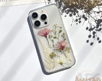 Dried pressed pink white flower phone case for iPhone 17 16 15 14 pro max 17e 16e,Google Pixel 9 10 pro,Samsung S26 S25 S24 Ultra,Z Flip 7