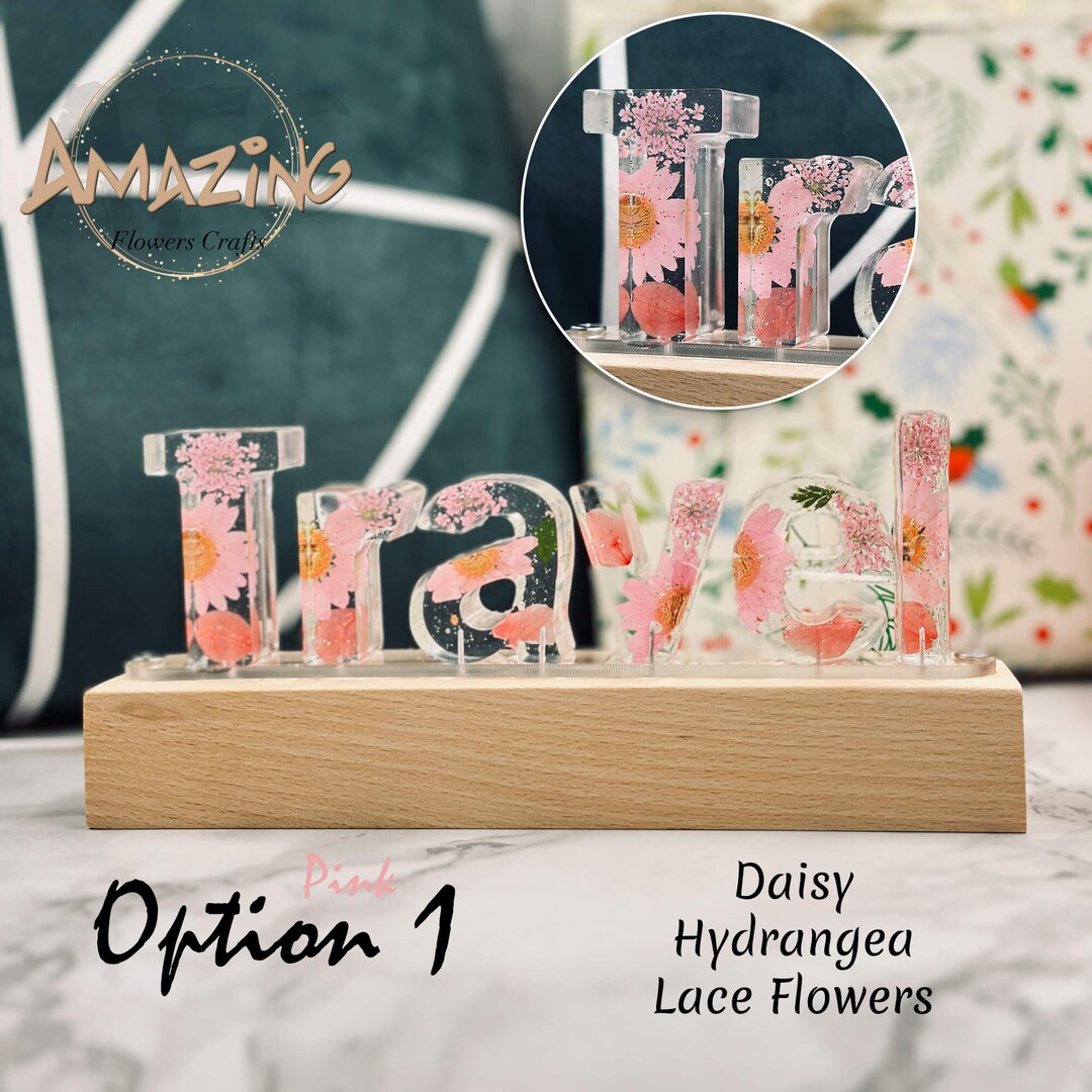 Resin Letters Roses Pressed Flowers Resin Letters Nightlight, Engrave Birth Month Flower ...