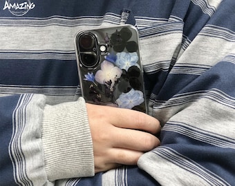 Pressed real black blue flower phone case for iPhone 17 16 15 14 pro max 17e 16e,Google Pixel 9 10 pro,Samsung S26 S25 S24 Ultra,Z Flip 7