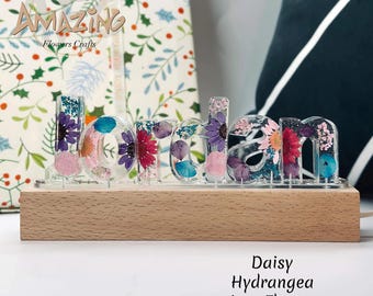 Pressed flower resin name number symbol nightlight,colorful light wooden base lamp,unique gifts for weddings,birthdays,natural bedroom decor