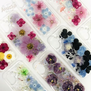 Pressed real pink green & black flower phone case for iPhone 17 16 15 14 13 pro max 16e,Google Pixel 9 10 pro,Samsung S24 S25 Ultra,Z Flip 7