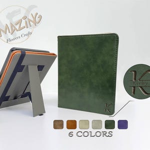 Olive green leather case with hand strap,custom name logo case for Kindle Colorsoft,Paperwhite 12th 11th gen,Oasis 10th gen,new kindle 2024 image 1