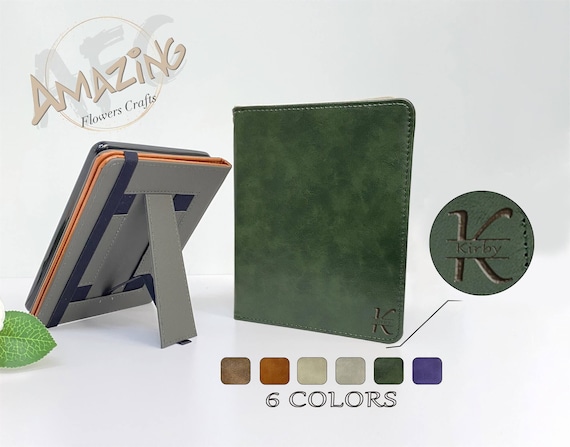 Olive green leather case with hand strap,custom name logo case for Kindle Colorsoft,Paperwhite 12th 11th gen,Oasis 10th gen,new kindle 2024
