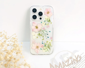 Pressed light pink flower phone case for iPhone 17 16 15 14 pro max 17e 16e,Google Pixel 9 10 pro,Samsung S26 S25 S24 Ultra, Z Flip 7