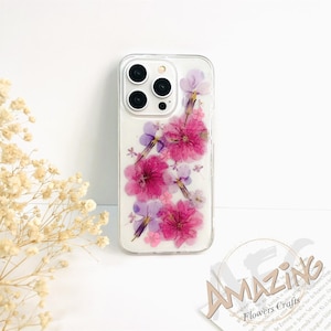 Pink flower sea pressed flower phone case for iPhone 17 16 15 14 13 pro max 16e,Google Pixel 9 10 pro,Samsung S24 S25 Ultra Edge,Z Flip 7