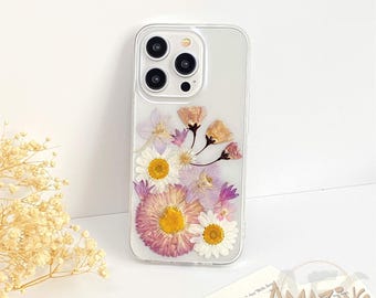 Real pressed pink white flower phone case for iPhone 17 16 15 14 pro max 17e 16e,Google Pixel 9 10 pro,Samsung S26 S25 S24 Ultra,Z Flip 7