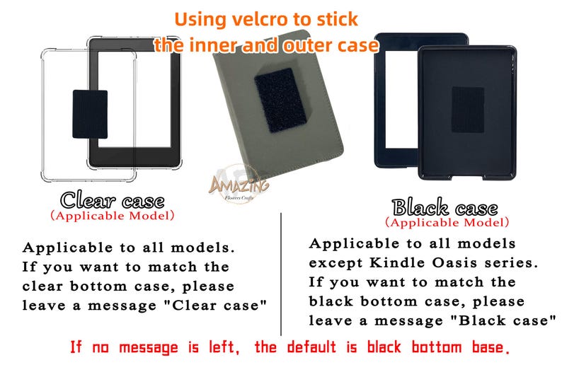 May include: Image showing a clear and black case for an electronic device, with text indicating the use of velcro to attach the inner and outer case. The text also provides instructions for selecting the desired case color.