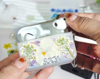 Real blue purple white flower AirPods case with carabiner for AirPods 1 2 3 4,AirPods Pro 2 3,cute custom name anti fall AirPods cover gift