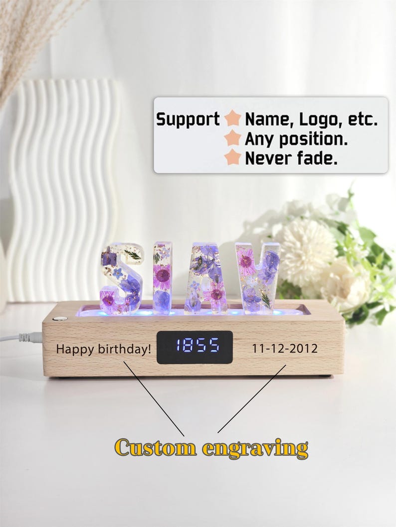 Real flower nightlight,custom name initial bluetooth speaker wooden base lamp,7 color light,anniversary christmas birthday unique gift image 3