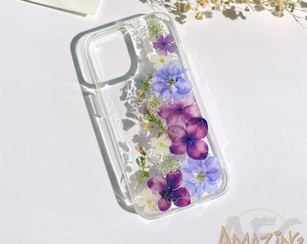 Pressed dried purple flower phone case for iPhone 17 16 15 14 13 pro max 16e case, Google Pixel 9 10 pro,Samsung S24 S25 Ultra Edge A56 A16