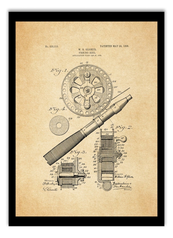 Glocker Fishing Pole Patent, Digital Download, All Sizes, Antique Print,  Wall Art, Music, Vintage Poster, Home Decor, Fishing Reel, Fishing