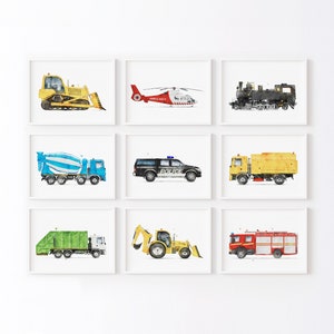 Set of 9 Vehicle Art, Kids Gallery Wall Set, Truck Wall Art, Transportation Print Nursery, Watercolor Painting, Truck Prints