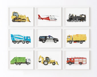 Set of 9 Vehicle Art, Kids Gallery Wall Set, Truck Wall Art, Transportation Print Nursery, Watercolor Painting, Truck Prints