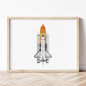 Space Rocket Print, Space Shuttle Poster, Spaceship Wall Art, Space Art, Vehicle Prints, Boys Room Wall Art, Kids Room Decor, Watercolor Art