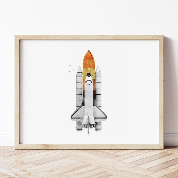 Space Rocket Print, Space Shuttle Poster, Spaceship Wall Art, Space Art, Vehicle Prints, Boys Room Wall Art, Kids Room Decor, Watercolor Art