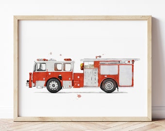 Fire Truck Print, Fire Truck Poster, Fire Engine Wall Art, Firetruck, Vehicle Prints, Boys Room Wall Art, Kids Room Decor, Watercolor Art