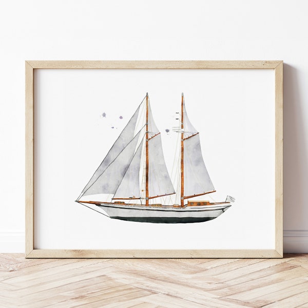 Segel Schiff Druck, altes Schiff Poster, bedruckbar, Segelschiff Malerei, Fahrzeug Drucke, Jungen, Kinderzimmer Wandkunst, Kinderzimmer Dekor, Aquarell Kunst