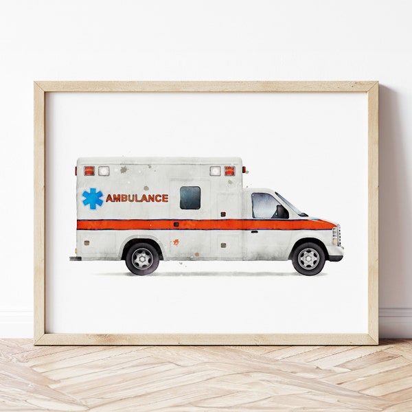 Ambulance Truck Print, Ambulance Car Poster, Ambulance Truck Wall Art, Vehicle Prints, Boys Room Wall Art, Kids Room Decor, Watercolor Art