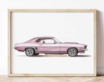 Vintage Pink Sport Car Print, Retro Car Poster, Automotive Wall Art, Vehicle Prints, Boys Room Wall Art, Kids Room Decor, Watercolor Art