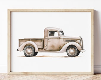 Vintage Beige Truck Print, Retro Car Poster, Automotive Wall Art, Vehicle Prints, Boys Room Wall Art, Kids Room Decor, Watercolor Art
